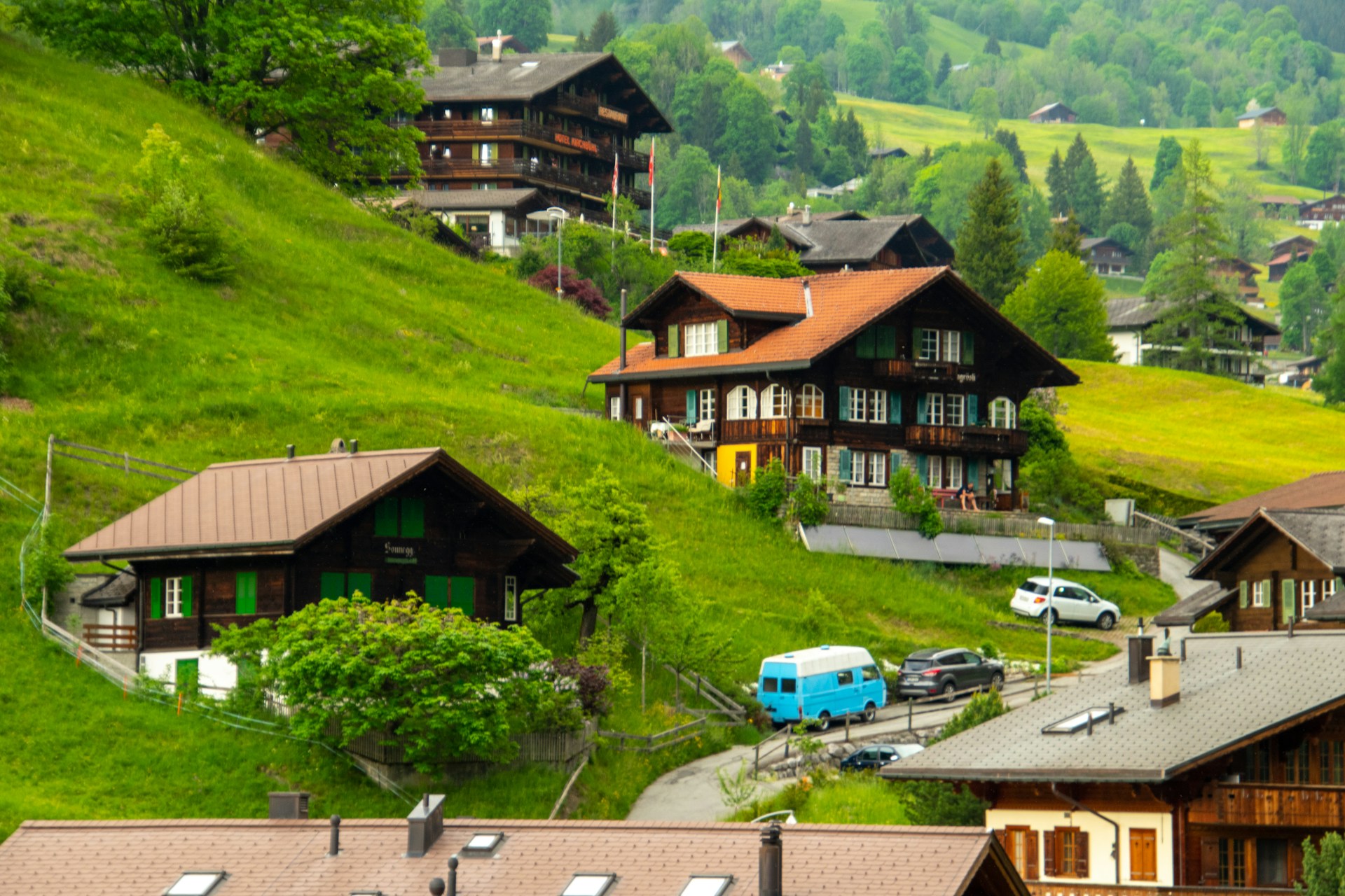Grindelwald valley with the Eiger north face and alpine village